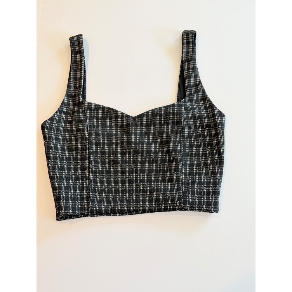 Forever 21 Plaid Crop Tank Top Black White Sweetheart Neck Sleeveless Medium